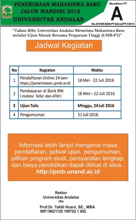 Ujian Mandiri Unand Tanggal 24 Juli 2016