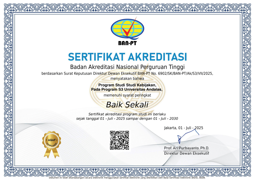 Program Studi S3 Studi Kebijakan FISIP Universitas Andalas Raih Akreditasi “Baik Sekali” dari BAN-PT