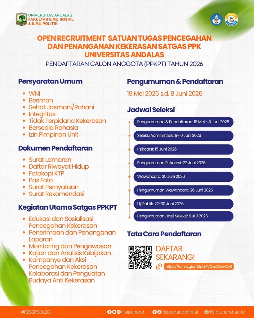 Open Recruitment Satgas PPK Universitas Andalas Tahun 2026: Mengajak Sivitas Akademika Mewujudkan Kampus Aman dan Inklusif